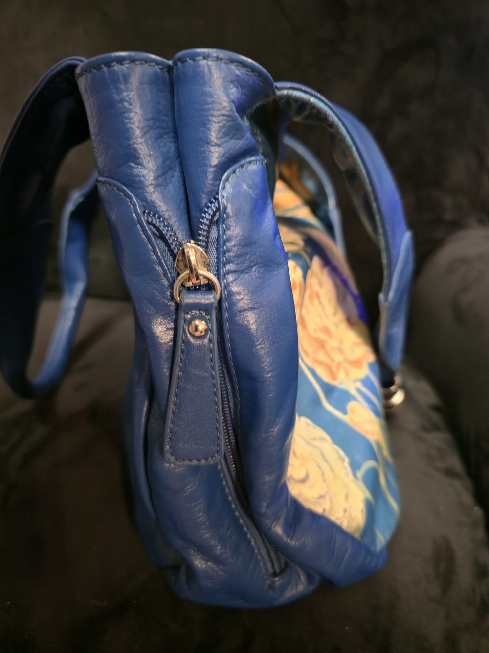 Sharif Blue Leather Shoulder Bag with Yellow Floral Bird-of-Paradise Accent - Picture 9 of 9